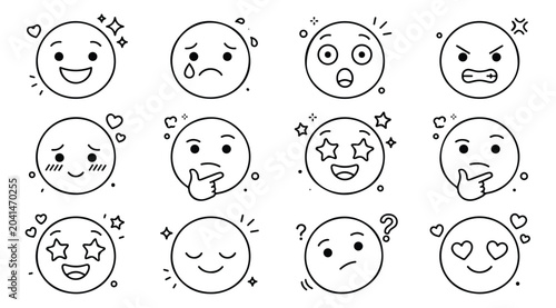 Minimalist emoji line icons set, collection of 12 expressive outline faces, modern black and white vector emoticons for digital communication and social media