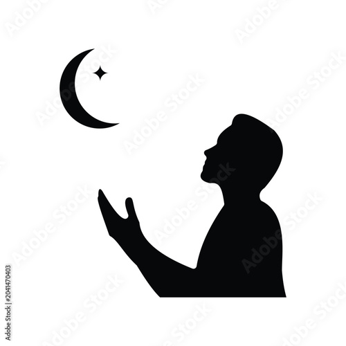 Silhouette of a man praying to a crescent moon and star, isolated on white background