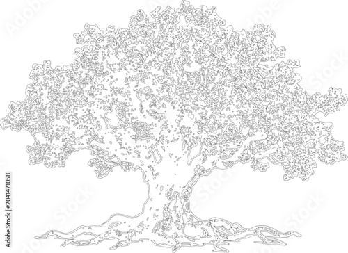 Intricate black and white tree silhouette with detailed branches and leaves
