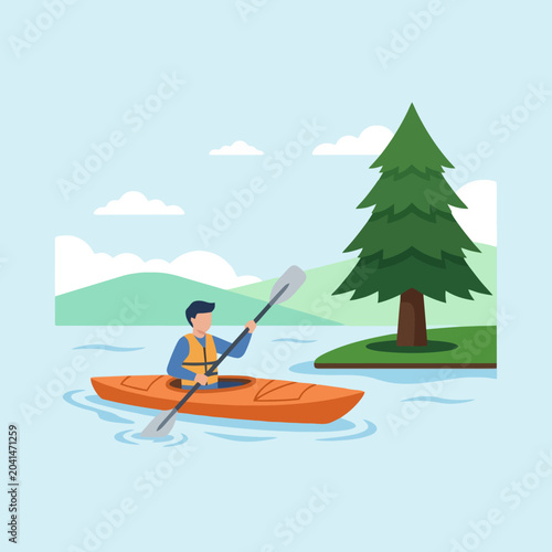 A person paddles a small orange boat on a calm lake