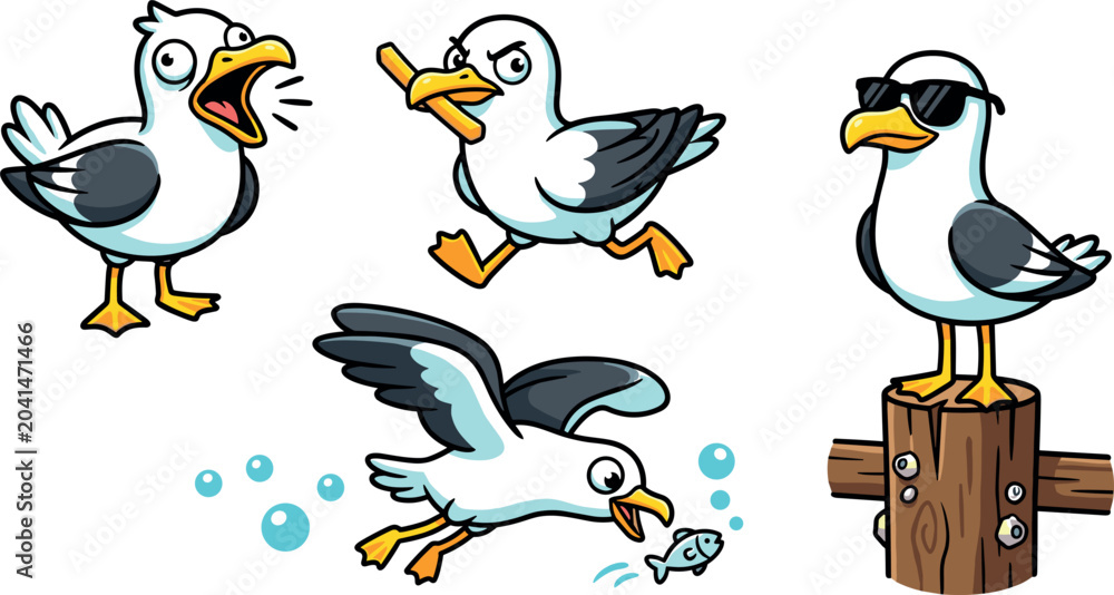 Obraz premium Funny Seagull Cartoon Character Sticker Set Featuring Screaming Bird Stealing French Fry Catching Fish and Standing Cool on Wooden Pier