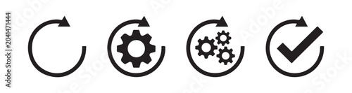 Fotografie Set of black process and update icons with gears and checkmark on white backgrou