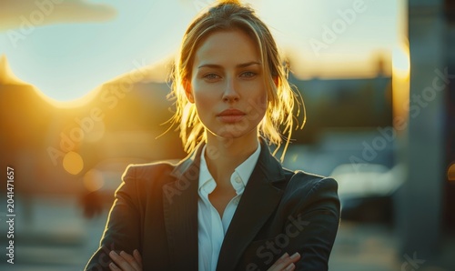 Confident and successful CEO business woman in a suit with arms folded, High quality. Flare light background