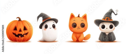 Cute halloween cartoon characters . White isolated background