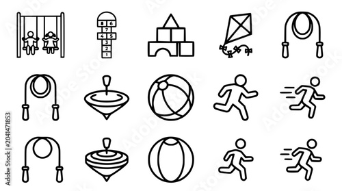 Foto Children's Playtime Icons: Swing, Hopscotch, Blocks, Kite, Jump Rope, Top, Ball,