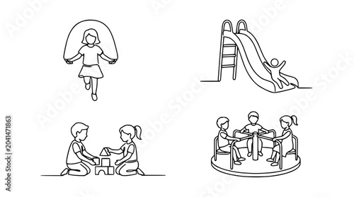 Children playing in a park: jumping rope, sliding, building blocks, carousel
