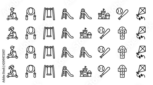 Bild auf Leinwand Playground Icons Set: Kids Playing, Swings, Slides, Castle, Kite, Hopscotch