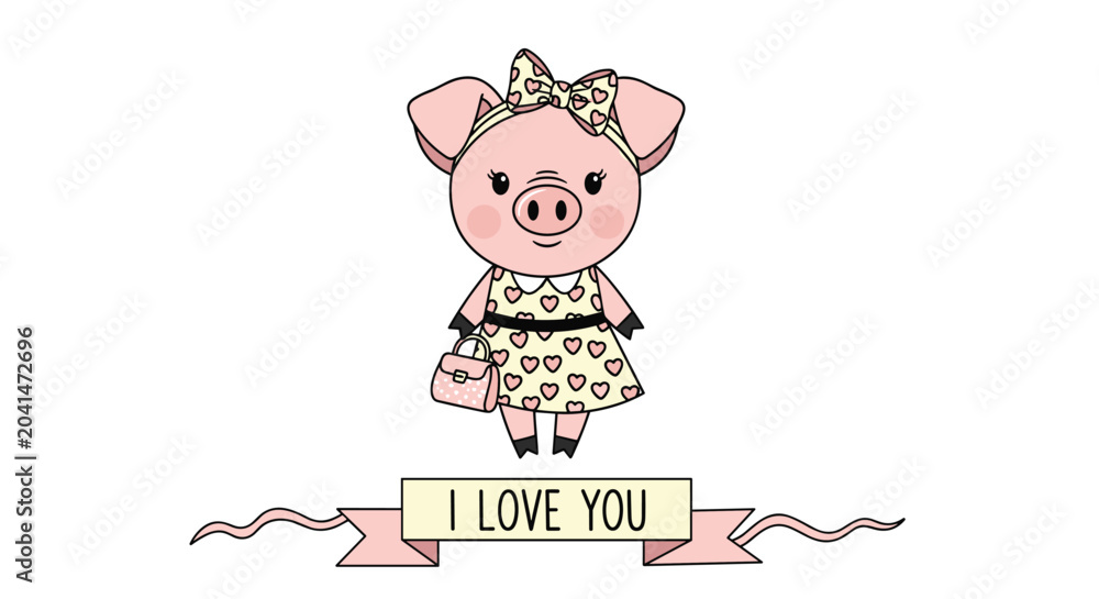 Obraz premium Adorable girl pig character wearing a heart patterned dress and a bow while carrying a pink purse.