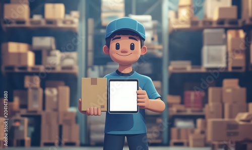 Delivery service app concept. Courier man in blue t-shirt uniform holding cardboard box and showing cellphone with blank screen for design