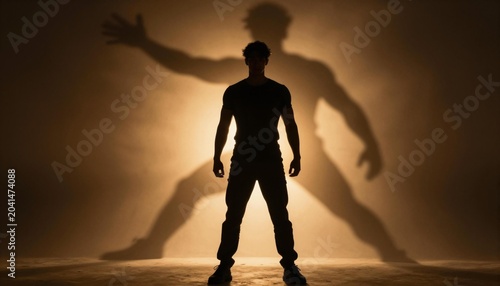 Backlit male silhouette standing with an exaggerated monstrous shadow cast behind, dramatic lighting conveying inner struggle, power and mystery