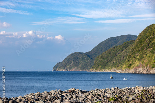 穏やかな青い海に漁船が浮かぶ伊豆半島の海岸景色