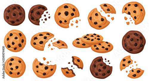 Diverse collection of chocolate chip cookies shown whole bitten and in crumbs representing various stages of a tasty snack or dessert.