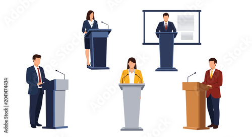 Group of professional business speakers delivering speeches from podiums at a formal conference or debate for corporate event concepts.