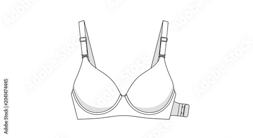 Simple technical drawing of a standard white bra showing its classic shape and adjustable straps from a front facing perspective.