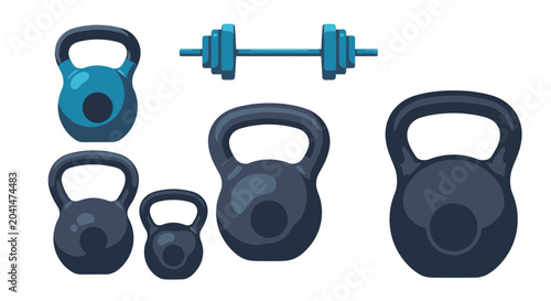Assortment of gym equipment including four kettlebells of different weights and sizes and a single blue barbell for strength training.
