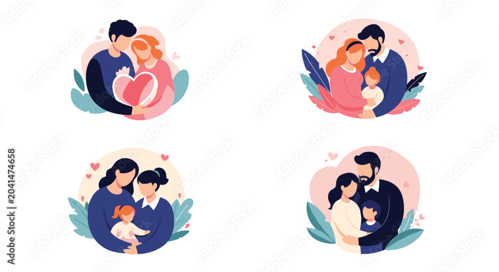 Fototapeta premium Set of heartwarming family portraits in circular frames depicting diverse families with love and affection for each other.
