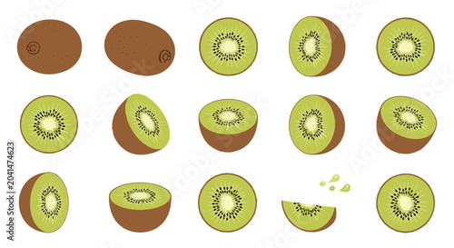 Complete set of kiwi fruit illustrations showing whole fruit halved segments slices and scattered seeds for fresh food design projects.