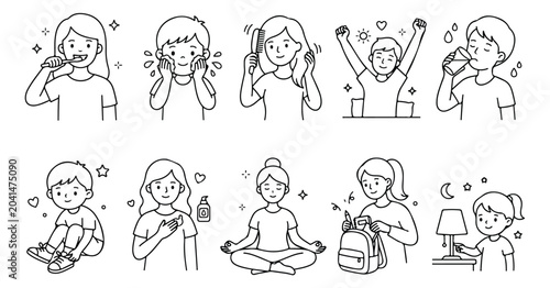 Daily routine icons for kids, children morning and evening habits vector set, black and white line art of healthy lifestyle activities