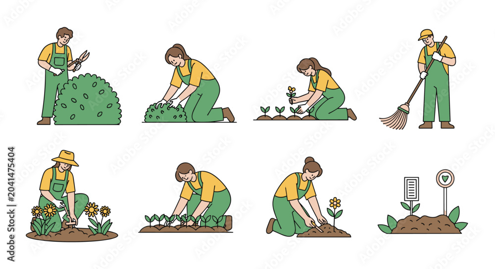 Fototapeta premium Series of illustrations showing male and female gardeners performing various tasks like pruning bushes, planting flowers, and raking leaves.