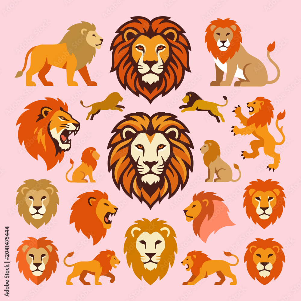 Fototapeta premium A collection of various stylized lion icons on pink background