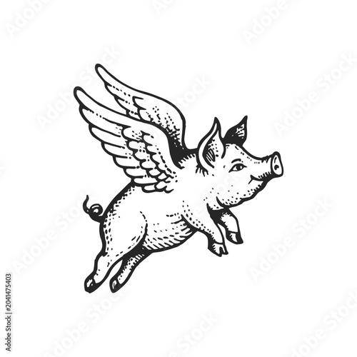 Black and white hand drawn illustration of flying pig vintage vector art