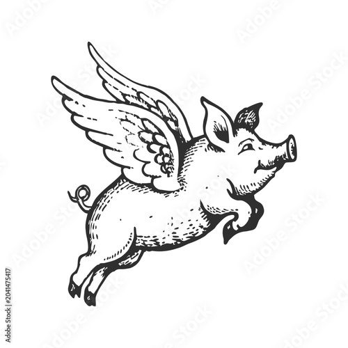 Black and white hand drawn illustration of flying pig vintage vector art
