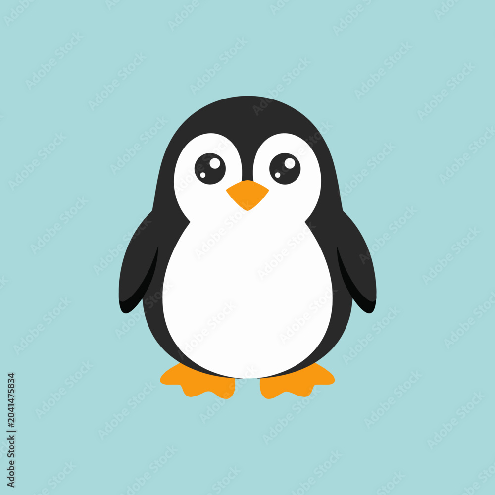 Naklejka premium A cute cartoon penguin stands against a solid light blue background