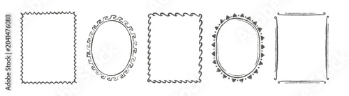 Hand-drawn stamp frame featuring Italian-inspired crayon doodles, wavy borders, and summer motifs ideal for postcard designs, kid-friendly projects. Vector illustration.