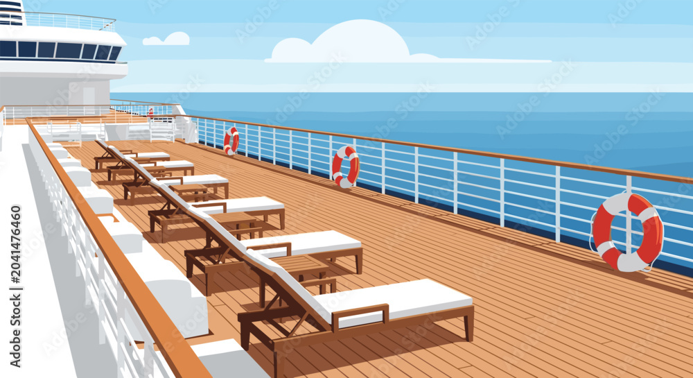 Fototapeta premium Luxurious cruise ship deck overlooking the deep blue ocean with empty sunbeds and lifebuoys ready for vacationers.