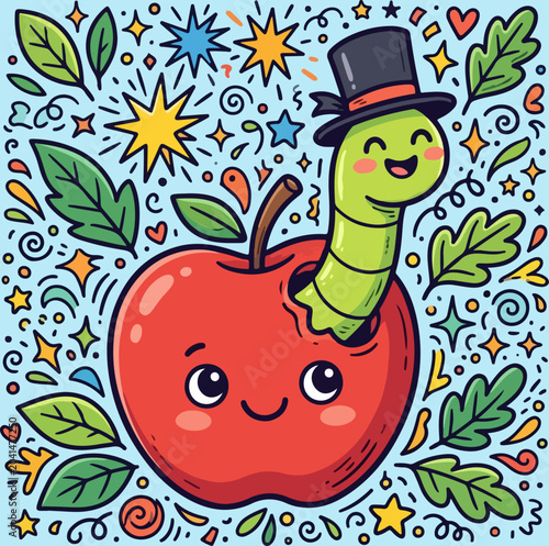 Worm in Apple Cartoon Character.