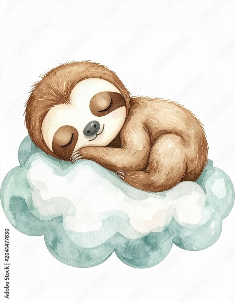 Fototapeta premium A cute sloth peacefully sleeps curled up on a fluffy cloud, depicted in soft watercolor style.