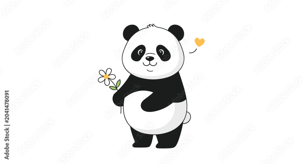 Fototapeta premium Sweet giant panda is standing and holding a white daisy flower with a small yellow heart floating near its head in a cute style.