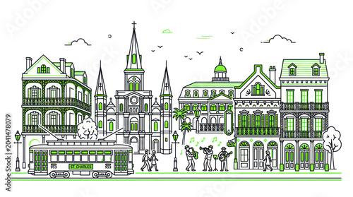 New Orleans Skyline with Streetcar and Jazz Band Illustration