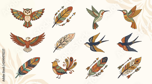 Fotografi Boho Birds and Feathers Illustrations - Tribal Native American Style