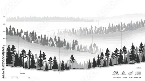 Cross-section of a forest ecosystem, illustrating layers and biodiversity