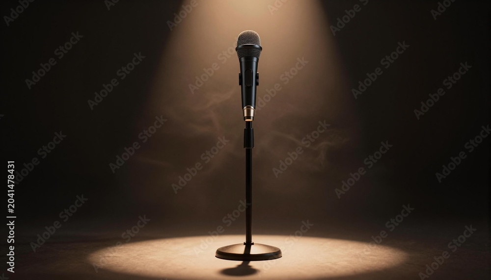Obraz premium Single microphone on a stand illuminated by a dramatic spotlight on a smoky empty stage