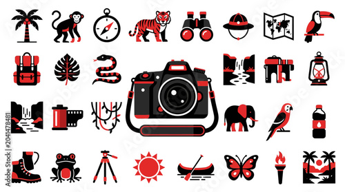 Photography Safari Adventure Icons: Camera, Animals, Travel Gear, Nature Elements