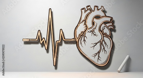 Human Heart and Electrocardiogram Line on White Background.