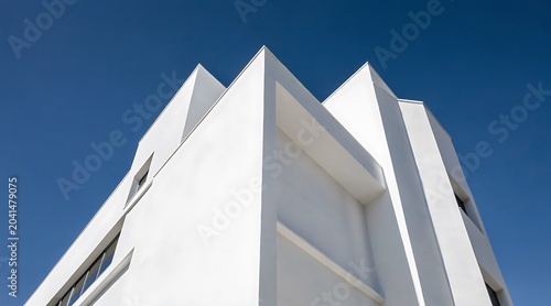 Modern White Building Facade Against a Clear Blue Sky.