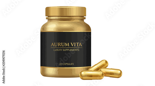 Quadro su tela Gold Pill Bottle with Black Label and Gold Capsules