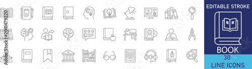 Book and digital reading line icon set. Vector symbols for library archives, education literature, textbook study, and online publishing.