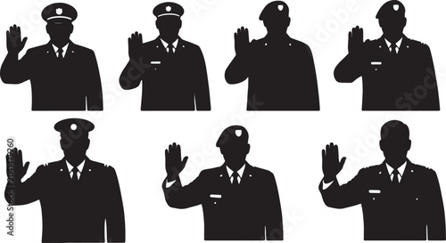 Bild auf Leinwand Black Solid Senior Officer Gesturing Stop Silhouettes Set of Six on White Backgr