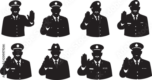 Foto Black Solid Senior Officer Gesturing Stop Silhouettes Set of Six on White Backgr
