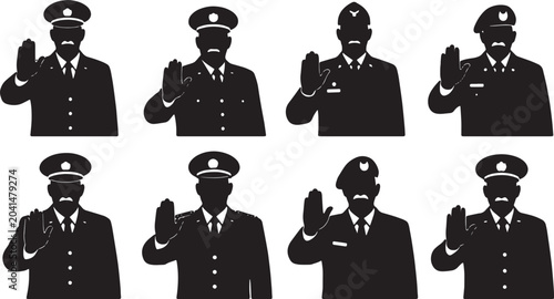 Foto Black Solid Senior Officer Gesturing Stop Silhouettes Set of Six on White Backgr