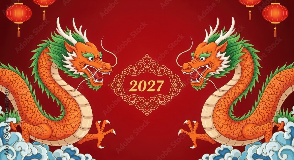 Fototapeta premium Vibrant chinese dragon illustration for 2027 celebration illustration