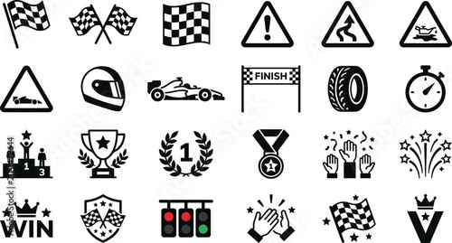 Cuadro en lienzo Car racing and motorsport solid glyph icon set featuring chequered flags racing car trophy podium helmet and stopwatch vector illustration