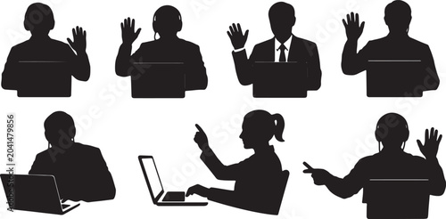 Obraz na plátně Black Solid Remote Video Meeting Laptop Silhouettes Set of Six on White Backgrou