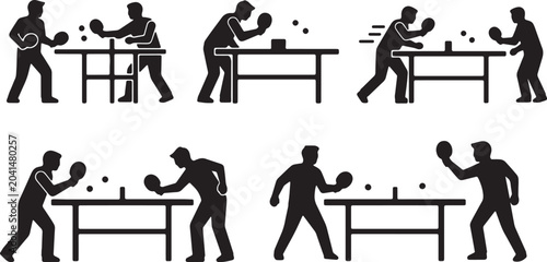 Bild auf Leinwand Black Solid Robot Human Table Tennis Silhouettes Set of Six on White Background
