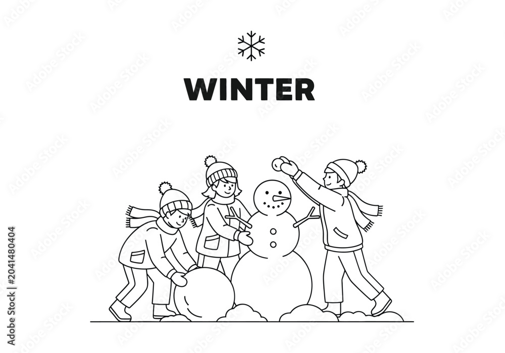 Fototapeta premium Children building snowman outdoors winter scene with children activity childhood snowball