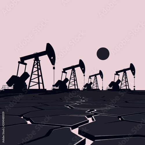 Obraz na płótnie Oil pumps in a desolate landscape under a dusky, pink sky